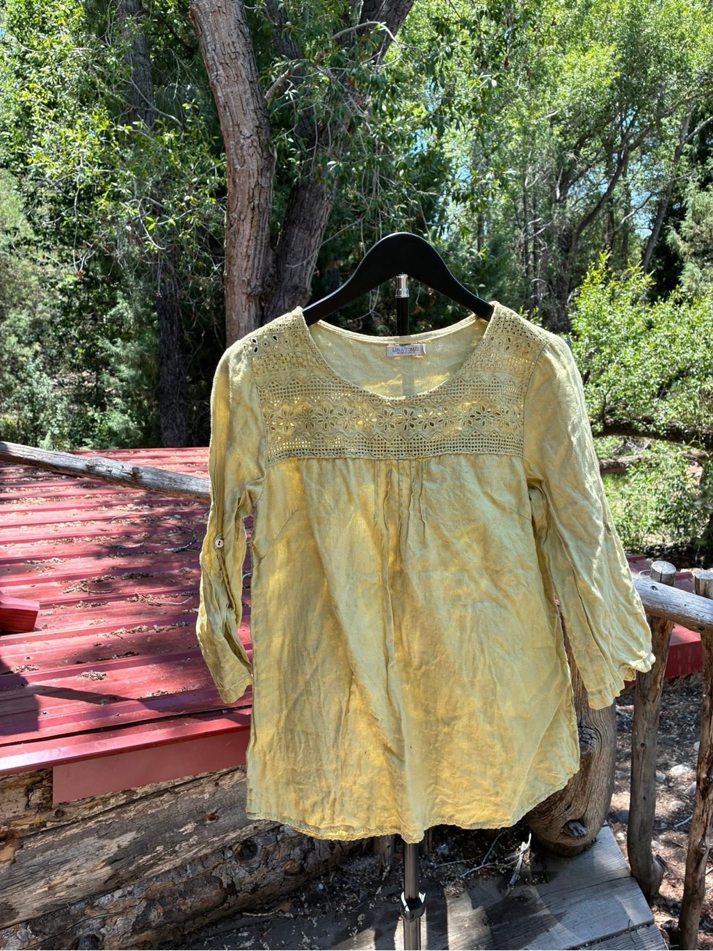 Designer Weld/Botanically Dyed Yellow Linen Crochet Yoke Women's Peasant Top